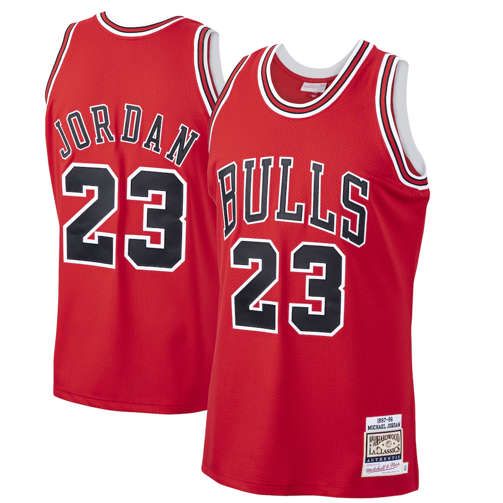 Adric C.Bulls #23 Michael Jordan Mitchell & Ness Scarlet 199798 Hardwood Classics Authentic Jerseys